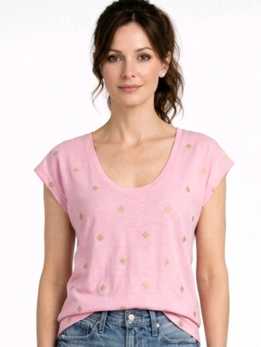 Boden Pink Matalic Gold Seashells Drop Sleeve Scoop Neck Slub T-shirt Size XS